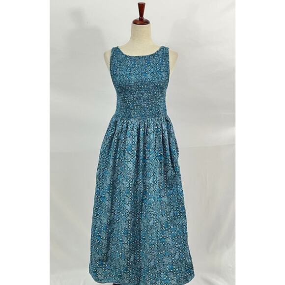 HILL HOUSE Sz S Small Blue Navy Calico Trellis Cosima Nap Dress Midi Cotton - Picture 2 of 9